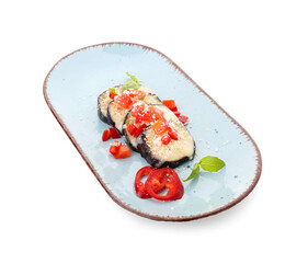 Plate with tasty baked Eggplant Parmesan on white background