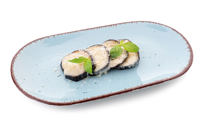 Plate with tasty baked Eggplant Parmesan on white background