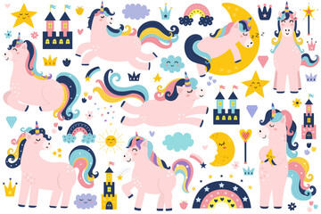Cute unicorns set in cartoon style. Magic horses collection with rainbows, castles, hearts, stars and more. Fantasy pony isolated elements. Vector illustration