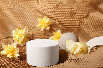 Decorative plaster podiums with flowers on paper background
