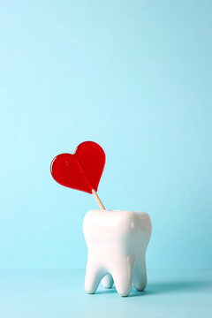White human tooth with a red heart-shaped lollipop on a blue background.