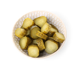 Bowl with tasty fermented cucumbers on white background