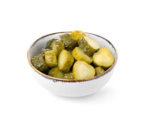 Bowl with tasty fermented cucumbers on white background