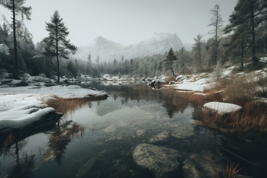 A landscape with wintery mountains, stones, coniferous trees and a pond, in the Nordic north. Generative AI