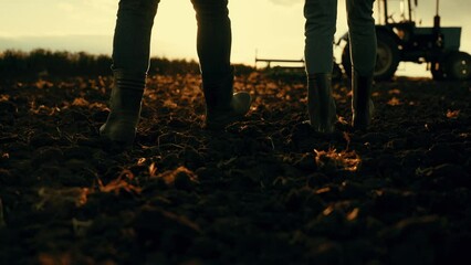 Two people in rubber boots go to tractor on ground field, legs close-up. Farm workers tractor drivers go to tractor to work on farm. Preparation of soil for agricultural planting in spring concept.