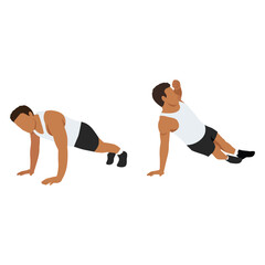 Man doing push up with a twist. Flat vector