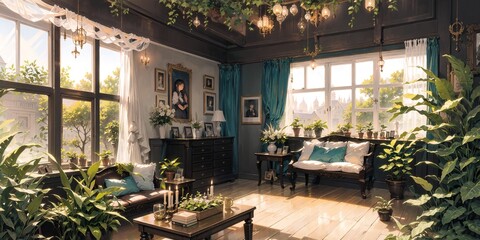 anime style background, apartment, home, living room, victorian jungle room, generative ai, generative, ai