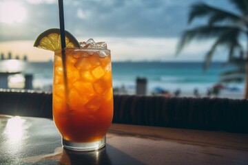 Enjoy tropical Mai Tai cocktails while gazing at the ocean view from the Waikiki beach bar in Honolulu, Hawaii. Perfect for vacation, luau party, and nightlife at club. Generative AI - obrazy, fototapety, plakaty