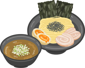皿に盛り付けられた、つけ麺のイラスト