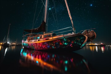 Fototapeta na wymiar Bright multi-colored boat with neon lights sailing at night under celestial skies. Generative AI