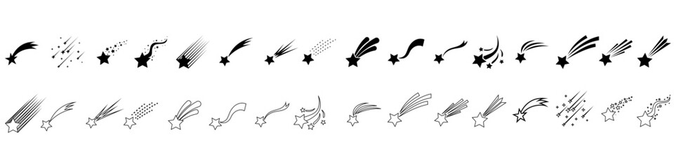 Shooting stars icon vector set. Comet tail or star trail illustration sign collection. - obrazy, fototapety, plakaty