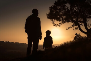 Obraz na płótnie Canvas silhouette image of father and son stand in front of a sunset, generative ai
