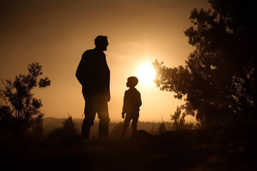 Fototapeta na wymiar silhouette image of father and son stand in front of a sunset, generative ai