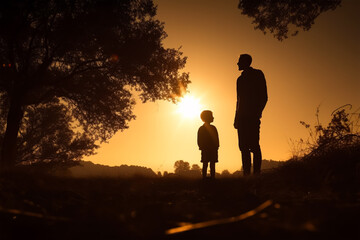 Fototapeta premium silhouette image of father and son stand in front of a sunset, generative ai