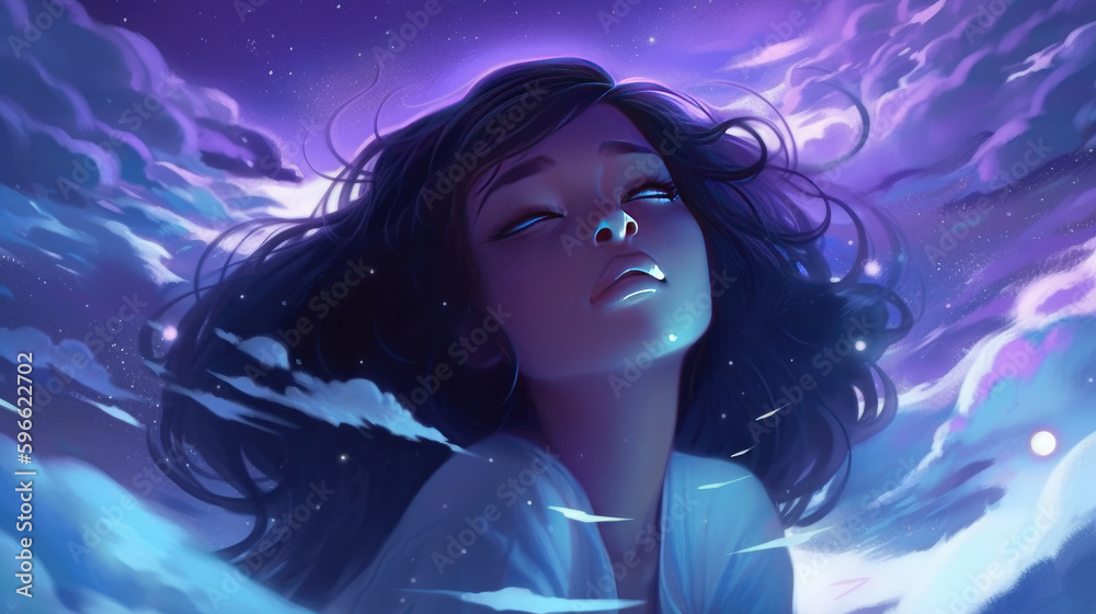 Wall mural lucid dreaming astral projection close up woman meditation illustration generative ai