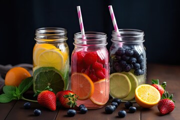 Fototapeta na wymiar fruit-infused water in mason jar with colorful straw and fruit garnish, created with generative ai
