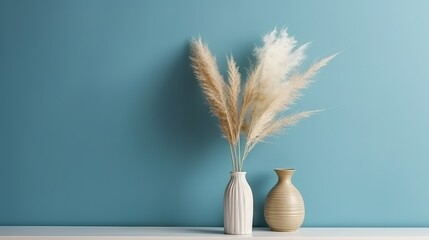 Vase with decorative plant branch against blue wall background. Minimalist interior mockup. Generative AI