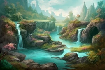 Beautiful fantasy river forest. Generate Ai