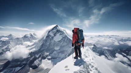 Fototapeta na wymiar Explorer stand in front of high mountain peak winter snowy landscape. Generative AI