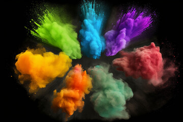 Obraz na płótnie Canvas Colorful powder explosion isolated on black background. Abstract colored dust cloud. Generative AI