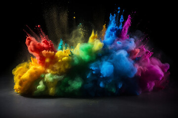 Colorful powder explosion on black background. Colorful dust cloud.     Generative AI