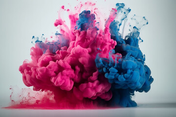 Fototapeta premium Powder swirls on a white background. Blue and pink paint is mixed in a powerful swirl. Abstract background. Generative AI