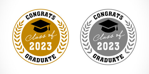 2023 Class of educational medal gold and silver. Congratulations graduate 2023 year badge design with numbers and square academic cap. Vector illustration