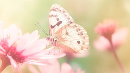 Macro view of a butterfly on pink flowers with blurred background. Generative AI