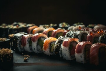 Macro view of sushi rolls laid out on a dark surface. Generative AI