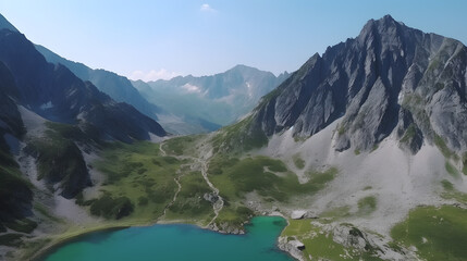 Fototapeta na wymiar This drone view showcases the rugged beauty of a mountain range, with snow-capped peaks rising up against the bright blue sky. The valleys below are filled with lush green forests and shimmering lakes