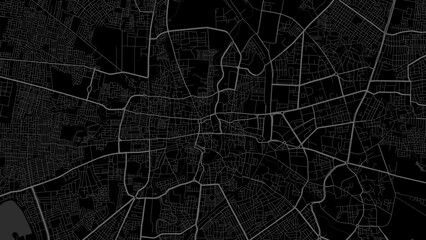 Dark black Indore city area vector background map, roads and water illustration. Widescreen proportion, digital flat design.