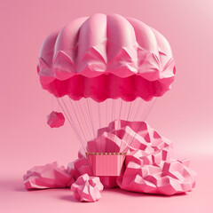Pink parachute jump down in the air. Parachute 3D concept design. Isolated pnk background. 3D model concept.