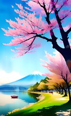 Obraz na płótnie Canvas Watercolor Cherry blossom sakura tree, Japanese cherry blossom trees, Pink cherry blossom, nature beauty illustration