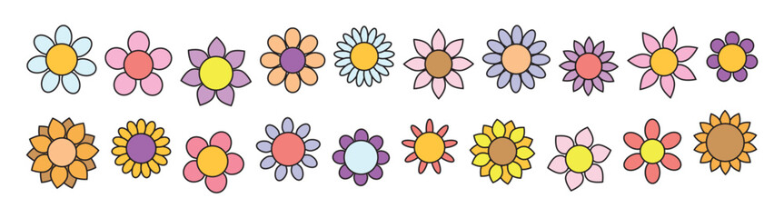 Fototapeta na wymiar Colorful flowers vector set. Simple flower blossom icons in flat style.
