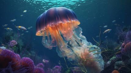 A jellyfish swimming in the ocean with its head turned to the side. Generative ai - obrazy, fototapety, plakaty