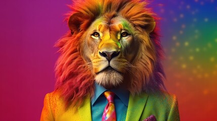 Corporate Zoo: Lion Animal Professionals in Stylish Business Attire on Vibrant Rainbow Backdrop in 8K created with generative ai technology