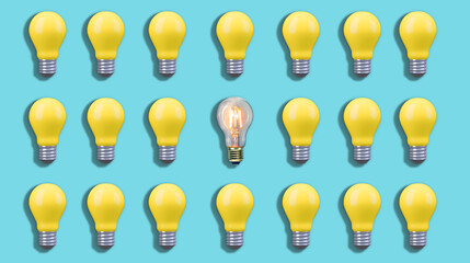 Lighting bulb Among Yellow Light bulbs on blue background. Top view