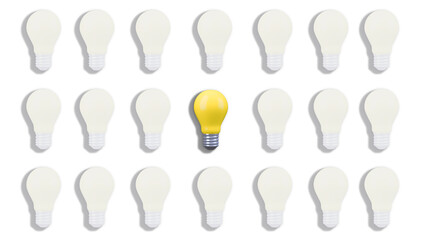 Pattern light bulb yellow outstanding among lightbulb group. Concept of creative idea and innovation, Unique, Think different, Individual and standing out from the crowd