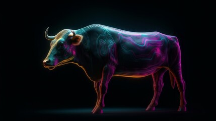 Neon glowing bull animal isolated on dark background. Generative ai