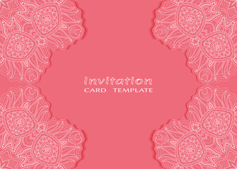 Invitation or Card template with lacе frame border, doodle line pattern, mandala element. Decorative openwork filigree art background for Wedding, Valentine's day greeting card, Birthday Invitation