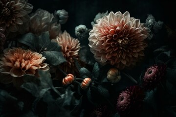 Naklejka na ściany i meble Modern botanic print for wall decor w/ dark background. Abstract floral art. Generative AI