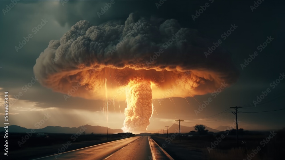 Poster nuclear bomb explosion in nuclear war, ww3, dystopic created with generative ai technology