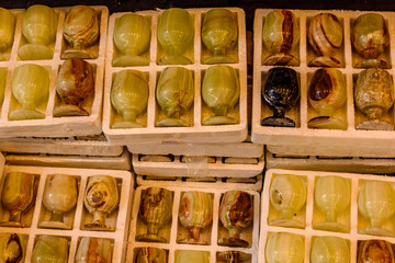 Onyx tableware for sale at the shop in Turkey. Crockery made of natural stone