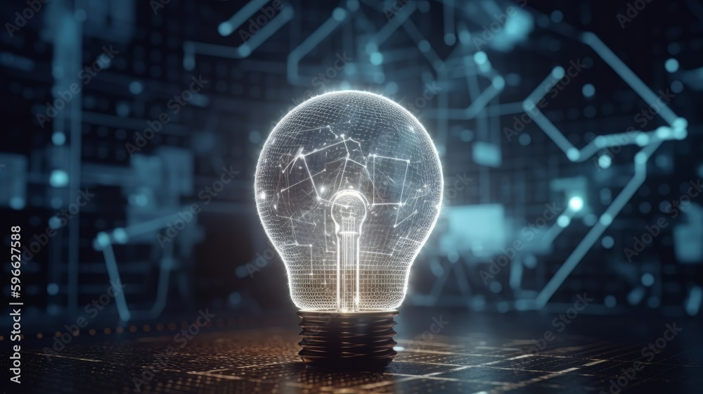 Aufkleber A determined businessman holds a glowing lightbulb, symbolizing his bright ideas and innovative solutions. Surrounding him are symbols of learning and knowledge. Generative ai