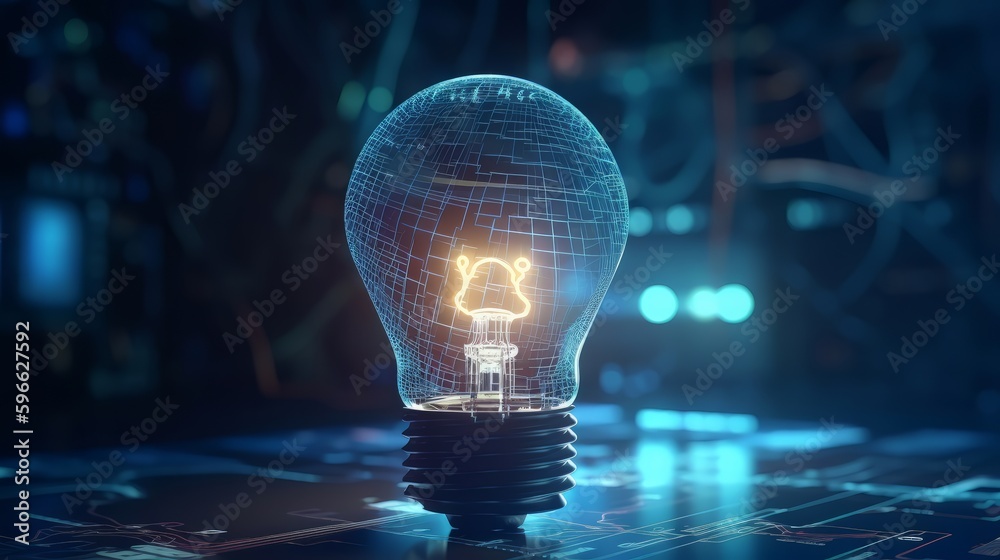 Aufkleber A determined businessman holds a glowing lightbulb, symbolizing his bright ideas and innovative solutions. Surrounding him are symbols of learning and knowledge. Generative ai