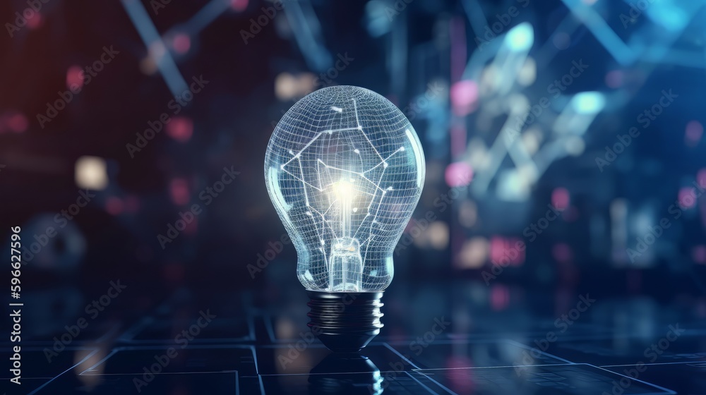 Aufkleber A determined businessman holds a glowing lightbulb, symbolizing his bright ideas and innovative solutions. Surrounding him are symbols of learning and knowledge. Generative ai