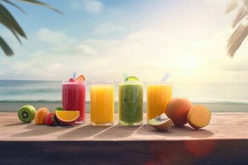 Fototapeta premium Fresh juice fruits on beach. Generate Ai