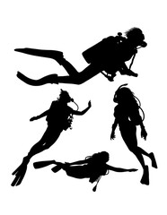 scuba diving and snorkeling male and female divers pose silhouette