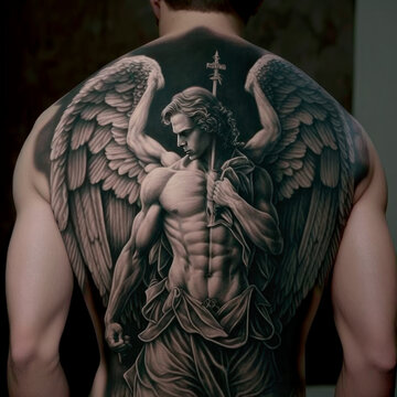 Muscular guy with a angel tattoo on his back on a gray background
