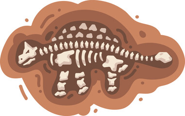 Fossil dinosaur skeleton in brown mud. Vector illustration isolated on white background.